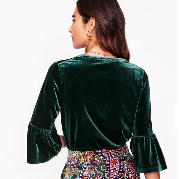 Boden Green Velvet V-Notch Neckline Bell Sleeve Blouse NWT - Picture 5 of 11